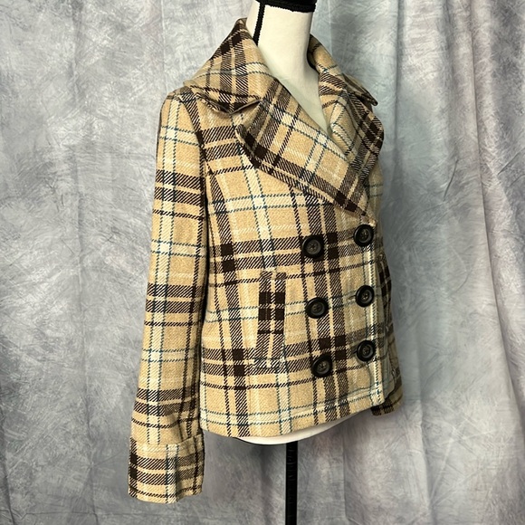 Merona Brown, Tan, Cream and Teal Cropped Pea Coat - Small - Picture 2 of 14